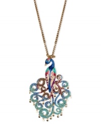 Shake your tail feathers with this darling peacock necklace from Betsey Johnson. A long gold tone chain showcases a gold tone peacock pendant with multi-colored details and crystal accents. Crafted in antiqued gold tone mixed metal. Approximate length: 31 inches + 3-inch extender. Approximate drop: 5-3/4 inches. Shake your tail feathers with this darling peacock necklace from Betsey Johnson. A long gold tone chain showcases a gold tone peacock pendant with multi-colored details and crystal accents. Crafted in antiqued gold tone mixed metal. Approximate length: 31 inches + 3-inch extender. Approximate drop: 5-3/4 inches.