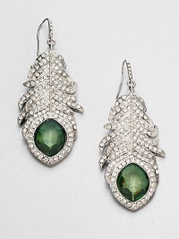 From the Emerald City Collection. Fabulous feather-shaped drops are long on drama and shimmer, with rows of channel-set clear stones and a faceted deep green eye at the tip.Glass and plasticSilvertoneLength, about 3Width, about 1Ear wireImported From the Emerald City Collection. Fabulous feather-shaped drops are long on drama and shimmer, with rows of channel-set clear stones and a faceted deep green eye at the tip.Glass and plasticSilvertoneLength, about 3Width, about 1Ear wireImported