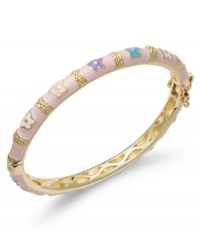 A pretty accent for your petite one. This delicate bangle bracelet features a pink and multicolored enamel flower decor over a 18k gold over sterling silver setting. Bracelet secures with a hinge clasp. Approximate diameter: 2 inches. A pretty accent for your petite one. This delicate bangle bracelet features a pink and multicolored enamel flower decor over a 18k gold over sterling silver setting. Bracelet secures with a hinge clasp. Approximate diameter: 2 inches.