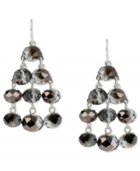 Moody shimmer. Kenneth Cole New York's trendy chandelier earrings feature drops of hematite glass cherry beads. Crafted in silver tone mixed metal. Approximate drop: 1-3/4 inches. Moody shimmer. Kenneth Cole New York's trendy chandelier earrings feature drops of hematite glass cherry beads. Crafted in silver tone mixed metal. Approximate drop: 1-3/4 inches.
