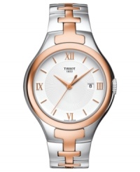 Rose-gold touches bring a sweet allure to this precise timepiece from Tissot. Rose-gold touches bring a sweet allure to this precise timepiece from Tissot.