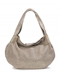 THE LOOKCrack metallic suede designRectangle shapeDouble suede shoulder strapsStringray accentsMagnetic top closureInside metal logoThree inside open pocketsTHE MEASUREMENTShoulder straps 7 drop17W X 12H X 5DTHE MATERIALLeatherFully linedORIGINMade in USA THE LOOKCrack metallic suede designRectangle shapeDouble suede shoulder strapsStringray accentsMagnetic top closureInside metal logoThree inside open pocketsTHE MEASUREMENTShoulder straps 7 drop17W X 12H X 5DTHE MATERIALLeatherFully linedORIGINMade in USA