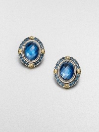 A simply chic design with beautiful faceted London blue topaz and blue topaz stones set in sterling silver and accented with 18k gold. Sterling silver18k goldBlue topazLondon blue topazSize, about 1Clip-on backImported A simply chic design with beautiful faceted London blue topaz and blue topaz stones set in sterling silver and accented with 18k gold. Sterling silver18k goldBlue topazLondon blue topazSize, about 1Clip-on backImported