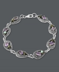 Tap into your elegant side. Genevieve & Grace's teardrop link bracelet combines sparkling amethyst (3-1/8 ct. t.w.), marcasite and abalone shells for a look that's pastel perfect. Set in sterling silver. Approximate length: 7-1/2 inches. Tap into your elegant side. Genevieve & Grace's teardrop link bracelet combines sparkling amethyst (3-1/8 ct. t.w.), marcasite and abalone shells for a look that's pastel perfect. Set in sterling silver. Approximate length: 7-1/2 inches.
