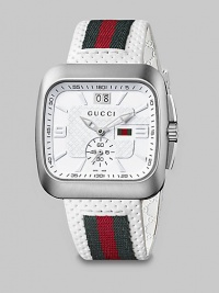 From the Gucci Coupé Collection. A sporty style featuring a white dial with a sub-dial and web accented white leather strap. Swiss quartz movementWater resistant to 5 ATMSquare stainless steel case, 40mm (1.5) X 40mm (1.5)Smooth bezelWhite dialBar and numeric hour markersDate display at 12 o'clockSecond sub-dial Web accented white leather strapMade in Switzerland From the Gucci Coupé Collection. A sporty style featuring a white dial with a sub-dial and web accented white leather strap. Swiss quartz movementWater resistant to 5 ATMSquare stainless steel case, 40mm (1.5) X 40mm (1.5)Smooth bezelWhite dialBar and numeric hour markersDate display at 12 o'clockSecond sub-dial Web accented white leather strapMade in Switzerland