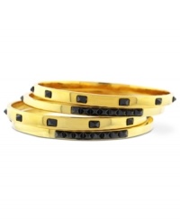 Vince Camuto's trendy 4-bangle set features golden shine mixed with hematite-hued details. Crafted in gold tone mixed metal. Approximate diameter: 2-1/2 inches. Vince Camuto's trendy 4-bangle set features golden shine mixed with hematite-hued details. Crafted in gold tone mixed metal. Approximate diameter: 2-1/2 inches.