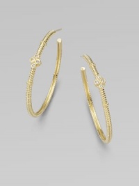 From the Jolie Collection. Elegantly fluted gold hoops, accented with gold beading and quatrefoil shapes set with sparkling diamonds.Diamonds, .12 tcw14k yellow goldDiameter, about 1½Post backImported From the Jolie Collection. Elegantly fluted gold hoops, accented with gold beading and quatrefoil shapes set with sparkling diamonds.Diamonds, .12 tcw14k yellow goldDiameter, about 1½Post backImported