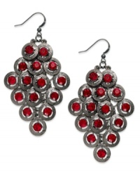 Warm up this season with red hues and dusky color. These drop earrings from Style&co. features hematite tone discs and red-colored glass crystals. Crafted in hematite tone mixed metal. Approximate drop: 3 inches. Warm up this season with red hues and dusky color. These drop earrings from Style&co. features hematite tone discs and red-colored glass crystals. Crafted in hematite tone mixed metal. Approximate drop: 3 inches.