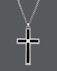 A bold statement of faith, this men's stainless steel cross pendant features a black enamel pattern with a diamond accent. Cross necklace featured on curb chain. Approximate length: 24 inches. Approximate drop: 1-1/2 inches. A bold statement of faith, this men's stainless steel cross pendant features a black enamel pattern with a diamond accent. Cross necklace featured on curb chain. Approximate length: 24 inches. Approximate drop: 1-1/2 inches.