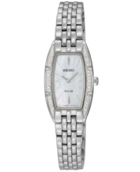 A sophisticated link bracelet complements glistening diamond accents on this solar-powered watch by Seiko. A sophisticated link bracelet complements glistening diamond accents on this solar-powered watch by Seiko.