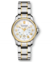Accessorize with the finest of watches. This Victorinox Swiss Army Officer's watch features a goldtone and silvertone stainless steel bracelet and round case with screw-in case back. White mother-of-pearl dial with goldtone numerals, logo, date window, anti-reflective sapphire crystal and luminous hands. Analog quartz movement. Water resistant to 100 meters. Three-year limited warranty. Accessorize with the finest of watches. This Victorinox Swiss Army Officer's watch features a goldtone and silvertone stainless steel bracelet and round case with screw-in case back. White mother-of-pearl dial with goldtone numerals, logo, date window, anti-reflective sapphire crystal and luminous hands. Analog quartz movement. Water resistant to 100 meters. Three-year limited warranty.