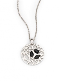 THE LOOKMedallion pendant with cutoutsOval stone accentsRhodium-plated sterling silver settingLobster claspTHE MEASUREMENTPendant diameter, about 1.25Length, about 16.5ORIGINImported THE LOOKMedallion pendant with cutoutsOval stone accentsRhodium-plated sterling silver settingLobster claspTHE MEASUREMENTPendant diameter, about 1.25Length, about 16.5ORIGINImported