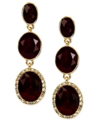 A luxe color combination makes these earrings from Anne Klein an alluring choice for your collection. The triple drop silhouette displays oval-cut glass and plastic stones. Clip-on backing for non-pierced ears. Crafted in gold tone mixed metal. Approximate drop: 2 inches. A luxe color combination makes these earrings from Anne Klein an alluring choice for your collection. The triple drop silhouette displays oval-cut glass and plastic stones. Clip-on backing for non-pierced ears. Crafted in gold tone mixed metal. Approximate drop: 2 inches.