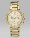 A dazzling goldplated stainless steel timepiece with Swarovski crystal accents and light champagne chronograph dial.Quartz movement Water resistant to 10 ATM Swarovski crystal bezel Goldplated stainless steel round case, 39mm, (1.54) Light champagne chronograph dial Arabic numeral and Swarovski crystal index hour markers Date display between 4 and 5 o'clock Second hand Goldplated stainless steel link bracelet Buckle closure Imported 