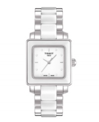 Glamorous and unique, this fine watch from Tissot blends artistry with geometry. Cera collection watch crafted of stainless steel and white ceramic bracelet and square case. White dial features silver tone applied stick indices, three hands and logo. Swiss quartz movement. Water resistant to 30 meters. Two-year limited warranty. Glamorous and unique, this fine watch from Tissot blends artistry with geometry. Cera collection watch crafted of stainless steel and white ceramic bracelet and square case. White dial features silver tone applied stick indices, three hands and logo. Swiss quartz movement. Water resistant to 30 meters. Two-year limited warranty.