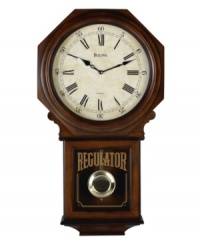 Vintage touches enhance the old world appeal of this walnut-finished solid wood and veneer wall clock by Bulova. Parchment-like dial features Roman numerals, minute track and two hands. Case housing pendulum covered with decorative screened glass. Plays Westminster melody on the hour. Vintage touches enhance the old world appeal of this walnut-finished solid wood and veneer wall clock by Bulova. Parchment-like dial features Roman numerals, minute track and two hands. Case housing pendulum covered with decorative screened glass. Plays Westminster melody on the hour.