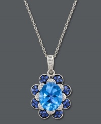 A true blue sensation. Le Vian's cool pendant features a beautiful flower shape with an oval-cut blue topaz at center (3-9/10 ct. t.w.) surrounded by petals decorated with diamonds (1/10 ct. t.w.) and sapphires (1/3 ct. t.w.). Set in 14k white gold. Approximate length: 18 inches. Approximate drop: 1 inch.