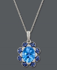 A true blue sensation. Le Vian's cool pendant features a beautiful flower shape with an oval-cut blue topaz at center (3-9/10 ct. t.w.) surrounded by petals decorated with diamonds (1/10 ct. t.w.) and sapphires (1/3 ct. t.w.). Set in 14k white gold. Approximate length: 18 inches. Approximate drop: 1 inch. A true blue sensation. Le Vian's cool pendant features a beautiful flower shape with an oval-cut blue topaz at center (3-9/10 ct. t.w.) surrounded by petals decorated with diamonds (1/10 ct. t.w.) and sapphires (1/3 ct. t.w.). Set in 14k white gold. Approximate length: 18 inches. Approximate drop: 1 inch.