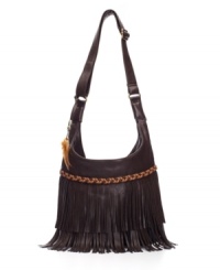 Drama for hippie chicks! The Frankie purse rocks out fringe, feathers and braids on a sexy-slouchy hobo silhouette. Drama for hippie chicks! The Frankie purse rocks out fringe, feathers and braids on a sexy-slouchy hobo silhouette.