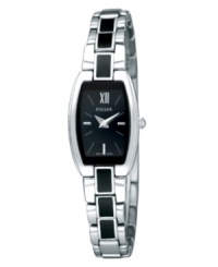 Dark, lustrous tones combine to make an intriguing timepiece, by Pulsar. Crafted of stainless steel and black enamel inlay bracelet and rounded rectangular case. Black dial with logo and Roman numeral at twelve o'clock, silver-tone applied stick indices and hour and minute hands. Quartz movement. Water resistant to 30 meters. Three-year limited warranty. Dark, lustrous tones combine to make an intriguing timepiece, by Pulsar. Crafted of stainless steel and black enamel inlay bracelet and rounded rectangular case. Black dial with logo and Roman numeral at twelve o'clock, silver-tone applied stick indices and hour and minute hands. Quartz movement. Water resistant to 30 meters. Three-year limited warranty.