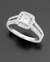Your next family heirloom. This elegant design features a princess-cut diamond presented within the glitter of micro pavé diamonds (1-1/3 ct. t.w.). Engagement ring set in 14k white gold. Your next family heirloom. This elegant design features a princess-cut diamond presented within the glitter of micro pavé diamonds (1-1/3 ct. t.w.). Engagement ring set in 14k white gold.