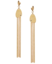 Gorgeous golden ropes. These Kenneth Cole New York mixed metal earrings feature multiple gold-tone chains streaming from a cool geometric disk that's adorned with pave crystal accents. Approximate drop: 3-3/4 inches. Gorgeous golden ropes. These Kenneth Cole New York mixed metal earrings feature multiple gold-tone chains streaming from a cool geometric disk that's adorned with pave crystal accents. Approximate drop: 3-3/4 inches.