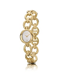 PANDORA's gold-plated bracelet watch features a sparkling white diamond on the dial, and the collection's signature black diamond crown. PANDORA's gold-plated bracelet watch features a sparkling white diamond on the dial, and the collection's signature black diamond crown.