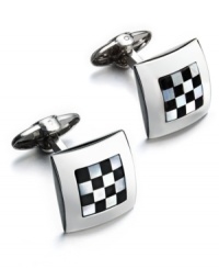 Ready, set, style! The perfect accent for the fashionable business man, these sleek square cuff links feature a sterling silver setting with an onyx (10-3/4 ct. t.w.) and Mother of Pearl checkerboard center. Approximate diameter: 5/8 inch.