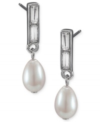 Postmodern panache. Carolee's drop earrings, crafted from silver-tone mixed metal, raise the bar with glass pearls and glass stones contributing to the sleek style. Approximate drop: 1-1/4 inches. Postmodern panache. Carolee's drop earrings, crafted from silver-tone mixed metal, raise the bar with glass pearls and glass stones contributing to the sleek style. Approximate drop: 1-1/4 inches.