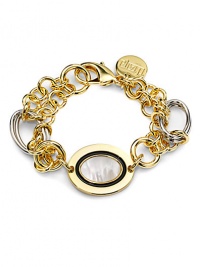 THE LOOKOval bull's eye design and contrasting linksMother of pearl and enamel details18k electroplated gold and stainless steel linksLobster clasp with logo charmTHE MEASUREMENTLength, about 7ORIGINMade in Italy THE LOOKOval bull's eye design and contrasting linksMother of pearl and enamel details18k electroplated gold and stainless steel linksLobster clasp with logo charmTHE MEASUREMENTLength, about 7ORIGINMade in Italy