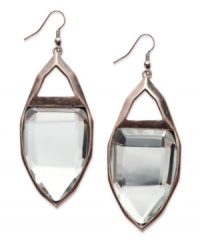 Walk the edge with Bar III. Teardrop silhouettes get to the point on these crystal drop earrings. Crafted in burnished copper tone mixed metal. Approximate drop: 2-1/2 inches. Walk the edge with Bar III. Teardrop silhouettes get to the point on these crystal drop earrings. Crafted in burnished copper tone mixed metal. Approximate drop: 2-1/2 inches.