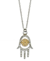 Symbolic and chic, this sparkling Hand of God pendant makes the perfect gift. Crafted in 14k gold and 14k white gold with an intricate cut-out design, round-cut diamonds (1/10 ct. t.w.) add just the right amount of shine. Approximate length: 18 inches. Approximate drop: 1/4 inch. Symbolic and chic, this sparkling Hand of God pendant makes the perfect gift. Crafted in 14k gold and 14k white gold with an intricate cut-out design, round-cut diamonds (1/10 ct. t.w.) add just the right amount of shine. Approximate length: 18 inches. Approximate drop: 1/4 inch.