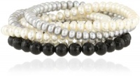 Set of 5 Freshwater Cultured White and Silver Gray Button Pearl and 8-8.5 mm Faceted Black Agate Stretch Bracelets (6-7mm), 7.5 Set of 5 Freshwater Cultured White and Silver Gray Button Pearl and 8-8.5 mm Faceted Black Agate Stretch Bracelets (6-7mm), 7.5