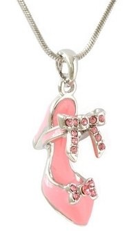 Trendy Pink Enamel High Heel Shoe Charm Necklace with Crystal Ribbon and Bow Accents - Silver Plated Trendy Pink Enamel High Heel Shoe Charm Necklace with Crystal Ribbon and Bow Accents - Silver Plated