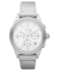 Sleek, monochromatic grays get a boost from cooling whites on this chronograph watch by DKNY. Sleek, monochromatic grays get a boost from cooling whites on this chronograph watch by DKNY.