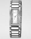 Sleek lines and pared-down details give this brushed stainless steel watch with Swarovski crystals an Art Deco elegance.Quartz movementWater resistant to 3 ATMStainless steel rectangular case, 20mm wide (.79)Smooth bezelSilver sunray dial with clear crystalsStainless steel bar hour markersSecond handBrushed and polished link braceletImported