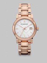 An iconic check stamped dial with a warm rose goldtone stainless steel link bracelet. Swiss quartz movementWater resistant to 5 ATMRound rose goldtone stainless steel case, 34mm (1.3)Smooth bezelSilver check stamped dialBar hour markersDate display at 3 o'clockSecond hand Rose goldtone stainless steel link braceletMade in Switzerland An iconic check stamped dial with a warm rose goldtone stainless steel link bracelet. Swiss quartz movementWater resistant to 5 ATMRound rose goldtone stainless steel case, 34mm (1.3)Smooth bezelSilver check stamped dialBar hour markersDate display at 3 o'clockSecond hand Rose goldtone stainless steel link braceletMade in Switzerland