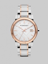 Sleek stainless steel and warm rose goldtone accents with a check stamped dial. Quartz movementWater resistant to 5 ATMRound stainless steel case, 38mm (1.5)Smooth rose goldtone bezelSilver check stamped dialBar hour markersDate display at 3 o'clockSecond hand Two-tone stainless steel link braceletMade in Switzerland Sleek stainless steel and warm rose goldtone accents with a check stamped dial. Quartz movementWater resistant to 5 ATMRound stainless steel case, 38mm (1.5)Smooth rose goldtone bezelSilver check stamped dialBar hour markersDate display at 3 o'clockSecond hand Two-tone stainless steel link braceletMade in Switzerland