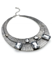 Stop people in their tracks with Ali Khan's ultra-chic collar necklace. With crystal clear lucite stones on a crescent moon silhouette, you'll be the focus of attention. Crafted in antiqued silver tone mixed metal. Approximate length: 10-1/2 inches + 3-inch extender. Approximate drop: 1-7/8 inches. Approximate diameter: 5-1/4 inches. Stop people in their tracks with Ali Khan's ultra-chic collar necklace. With crystal clear lucite stones on a crescent moon silhouette, you'll be the focus of attention. Crafted in antiqued silver tone mixed metal. Approximate length: 10-1/2 inches + 3-inch extender. Approximate drop: 1-7/8 inches. Approximate diameter: 5-1/4 inches.