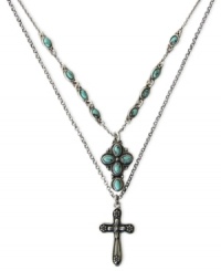 A welcome double cross. This pendant necklace from Lucky Brand, crafted from silver-tone mixed metal, features two crosses and is adorned with turquoise accents. Approximate length: 20 inches + 2-inch extender. Approximate drop: 1-1/4 inches. A welcome double cross. This pendant necklace from Lucky Brand, crafted from silver-tone mixed metal, features two crosses and is adorned with turquoise accents. Approximate length: 20 inches + 2-inch extender. Approximate drop: 1-1/4 inches.