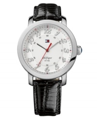 A handsome watch with added Tommy Hilfiger accents of red, white and blue. A handsome watch with added Tommy Hilfiger accents of red, white and blue.