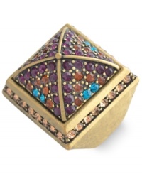 Natural wonder-inspired style from GUESS. This pyramid ring flaunts colorful glass accents in amethyst, smoky topaz and light Colorado hues. Crafted in gold tone mixed metal. Stretches to fit finger. Natural wonder-inspired style from GUESS. This pyramid ring flaunts colorful glass accents in amethyst, smoky topaz and light Colorado hues. Crafted in gold tone mixed metal. Stretches to fit finger.