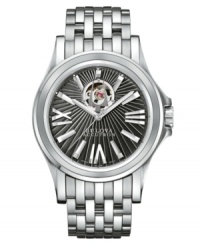 It's all in the details. Kirkwood collection watch by Bulova Accutron crafted of seven-row stainless steel bracelet and round case with clear back and curved sapphire crystal. Patterned black dial features silver tone Roman numerals and stick indices, minute track, three hands, logo and aperture view of the movement. Swiss mechanical Sellita movement. Water resistant to 100 meters. Five-year limited warranty. It's all in the details. Kirkwood collection watch by Bulova Accutron crafted of seven-row stainless steel bracelet and round case with clear back and curved sapphire crystal. Patterned black dial features silver tone Roman numerals and stick indices, minute track, three hands, logo and aperture view of the movement. Swiss mechanical Sellita movement. Water resistant to 100 meters. Five-year limited warranty.