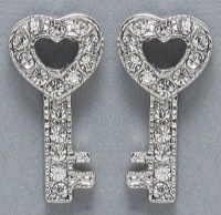 Small Silver Rhodium Plated Sparkling Clear Crystal Open Heart Shaped 1/2 Key Stud Earrings Small Silver Rhodium Plated Sparkling Clear Crystal Open Heart Shaped 1/2 Key Stud Earrings