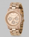 A sporty chronograph timepiece with date display in a rose goldplated stainless steel.Quartz movement Water resistant to 5 ATM Rose goldplated round stainless steel case, 38mm, (1.49) Light rose gold chronograph dial Date display between 4 and 5 o'clock Arabic numeral and index hour markers Second hand Rose goldplated link bracelet Deployment buckle Imported 