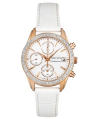 A call to elegance: Swarovski crystal accents, warm rose-gold and rich white leather create a gorgeous watch from Seiko. A call to elegance: Swarovski crystal accents, warm rose-gold and rich white leather create a gorgeous watch from Seiko.