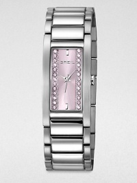 Sleek lines and pared-down details give this brushed stainless steel watch with Swarovski crystals an Art Deco elegance.Quartz movementWater resistant to 3 ATMStainless steel rectangular case, 20mm wide (.79)Smooth bezelPink sunray dial with pink crystalsStainless steel bar hour markersSecond handBrushed and polished link braceletImported Sleek lines and pared-down details give this brushed stainless steel watch with Swarovski crystals an Art Deco elegance.Quartz movementWater resistant to 3 ATMStainless steel rectangular case, 20mm wide (.79)Smooth bezelPink sunray dial with pink crystalsStainless steel bar hour markersSecond handBrushed and polished link braceletImported