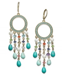 Bold, brash and beautiful. These gypsy hoop earrings from Lauren Ralph Lauren bring the party with reconstituted turquoise beads, imitation pearls and glass accents. Crafted in 14k gold-plated mixed metal. Approximate drop: 2-1/2 inches. Approximate diameter: 7/8 inch/ Bold, brash and beautiful. These gypsy hoop earrings from Lauren Ralph Lauren bring the party with reconstituted turquoise beads, imitation pearls and glass accents. Crafted in 14k gold-plated mixed metal. Approximate drop: 2-1/2 inches. Approximate diameter: 7/8 inch/
