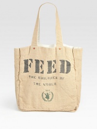 This reversible design was inspired by Lauren Bush's travels as a student ambassador through the United Nations. Each FEED 1 Bag will provide school meals to one child for one year through the UN World Food Programme (WFP). Made of organic cotton and natural burlap, this is the perfect carryall for both men and women. Double shoulder straps, 11 dropThree open pockets on cotton sideCotton and natural burlap reversible lining15W X 15H X 6DImported This reversible design was inspired by Lauren Bush's travels as a student ambassador through the United Nations. Each FEED 1 Bag will provide school meals to one child for one year through the UN World Food Programme (WFP). Made of organic cotton and natural burlap, this is the perfect carryall for both men and women. Double shoulder straps, 11 dropThree open pockets on cotton sideCotton and natural burlap reversible lining15W X 15H X 6DImported