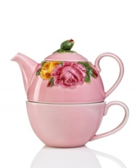 An English classic. With raised pink and gold blossoms, the stacked Majolica tea set from Royal Albert evokes all the elegance of the original Old Country Roses dinnerware pattern but with a more casual, contemporary feel. An English classic. With raised pink and gold blossoms, the stacked Majolica tea set from Royal Albert evokes all the elegance of the original Old Country Roses dinnerware pattern but with a more casual, contemporary feel.